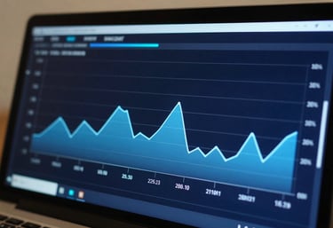 Close-up of a high-resolution display showing a clean digital dashboard with electric blue charts on a dark navy blue background, professional tech style.
