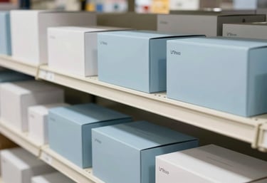 Clean, organized boxes of retail goods and electronics in a bright warehouse with Soft Slate Blue and Pale Arctic White colors.