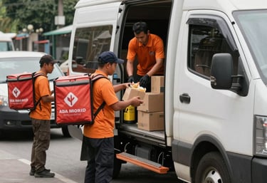 A logistics team loading halal food packages into delivery trucks ready for cross-border distribution.