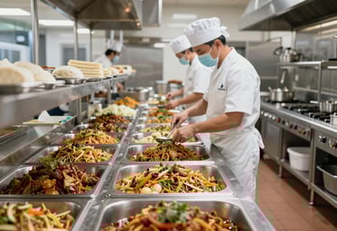 A bustling central kitchen with chefs preparing halal meals in a clean, modern environment.