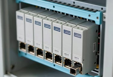 Close-up of Beckhoff industrial PLC modules with Ethernet connections, neatly mounted on a DIN rail inside a control cabinet, professional studio lighting with light steel blue accents.
