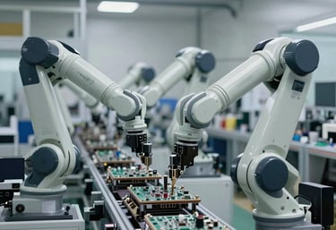 A group of collaborative robots working on an automated electronic assembly line in a high-tech Chinese factory, modern industrial composition, clean gray and silver tones.