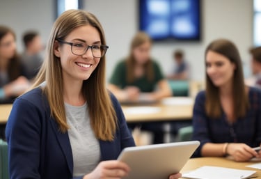 A friendly team collaborating in a modern office with navy and electric blue accents.