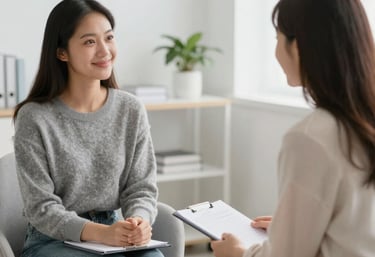 A warm, inviting therapy room with comfortable chairs and soft lighting.