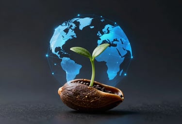 A conceptual photo of a seed growing into a geometric digital structure. Minimalist, artistic, dark background with Accent Blue light. North American / International.