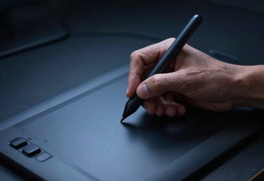 A dark, atmospheric photograph of a designer using a stylus on a high-precision graphic tablet. Accent Blue lighting, minimal North American / International context.