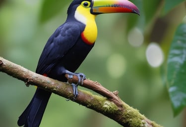 A vibrant toucan perched on a branch against a backdrop of lush greenery.