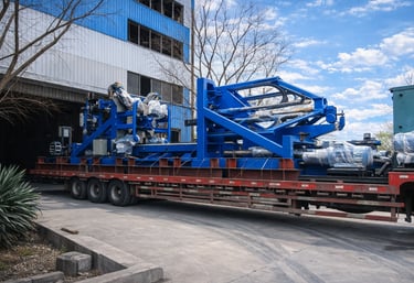 Sund Birsta wire rod bundling machine loaded on flatbed truck, industrial steel strapping equipment
