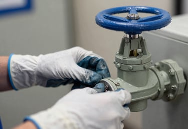 A close-up of a technician's hands wearing heavy-duty protective gloves, operating a clean muted green and slate blue control valve.