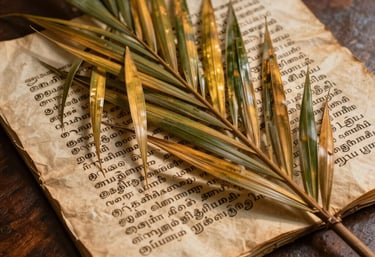 A close-up of aged palm leaf manuscripts with Tamil script, resting on a dark wooden table. Golden light catching the texture of the leaves.