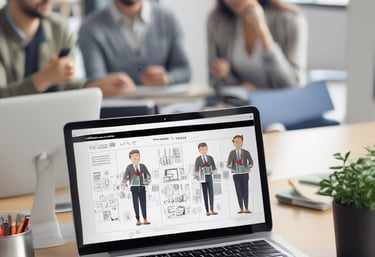A laptop on an office desk displays a digital marketing character design during a team meeting.