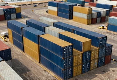 An aerial photography shot of a West African coastal logistics hub for petroleum, featuring organized shipping containers in navy blue and gold accents.