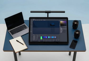 A top-down view of a designer's workspace in Brazil with digital tools and a notebook, soft sky blue and medium blue palette, clean and efficient composition.