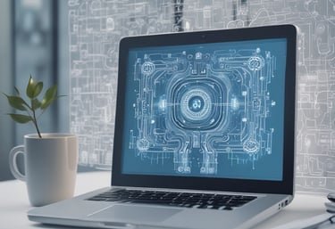 Cartoon-style purple and gold AI bot with eyes following cursor on a sleek modern interface background.