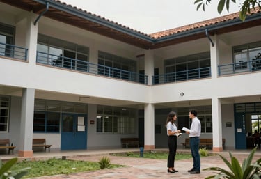 Modern educational campus in Colombia, showing architectural safety features and a professional environment for risk management analysis.