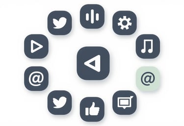 Icons of major social media platforms arranged in a professional, clean circular composition. The icons are rendered in a minimalist style using #4A6C70 and #F0F5ED.