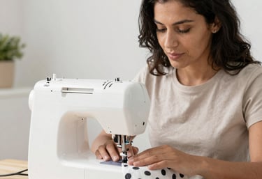 Una mujer usando una máquina de coser eléctrica blanca para unir tela de lunares en un escritorio de
