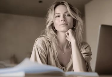 Blonde woman working from home on a laptop with a professional and thoughtful expression.