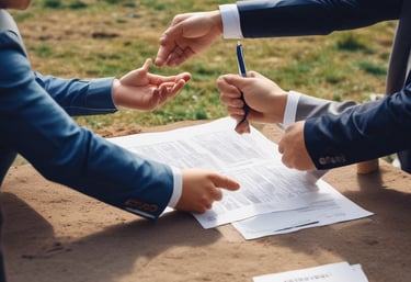 A friendly handshake between a landowner and a buyer in a sunny Chilean countryside.