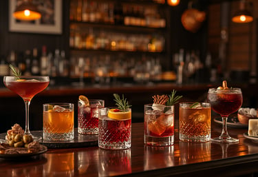 Selection of craft cocktails and appetizers served on a dark wood bar in a dimly lit lounge.