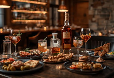 Elegant gourmet appetizers and craft cocktails served on a rustic wooden table in a dimly lit restaurant bar.