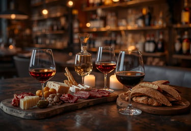 Gourmet charcuterie board with wine glasses, artisan cheeses, and cured meats in a dim restaurant.