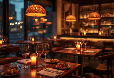 Elegant restaurant dining room with warm candlelit tables, wine glasses, and woven pendant lights.