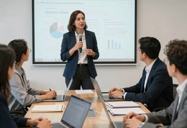 A team of professionals collaborating over technology solutions in a modern office with orange accents.