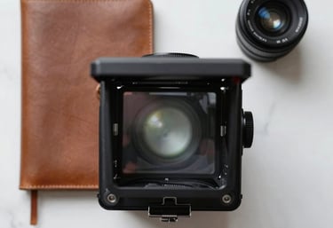 A flat lay of a director's viewfinder, a leather-bound notebook, and a small lens on a white marble surface. Clean, professional, and artistic.