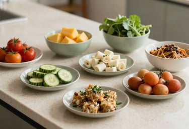 A vibrant but sophisticated display of healthy, longevity-focused foods on a stone countertop. Lighting is soft and bright, using colors like Muted Sage and Crisp Off-White.