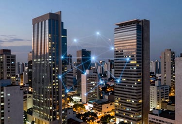 Modern urban cityscape at dusk with lights representing a connected digital network grid, sleek architecture in a South American / Brazilian city.