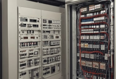 Close-up of automated electrical panel with wiring and controls.