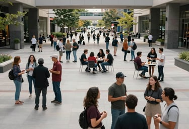 A wide shot of a community gathering at a clean, modern North American urban plaza, people engaged in friendly conversation, representing connection.