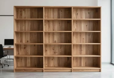 A sturdy, modern bookshelf made of solid wood in a bright office space. The design is minimalist and showcases structural integrity.