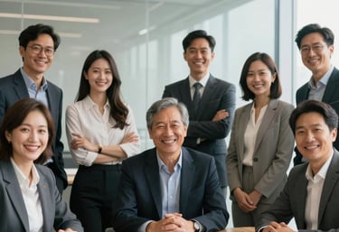 A group of diverse professionals smiling together in a brightly lit modern office boardroom, North American / US professional attire, symbolizing successful employment.