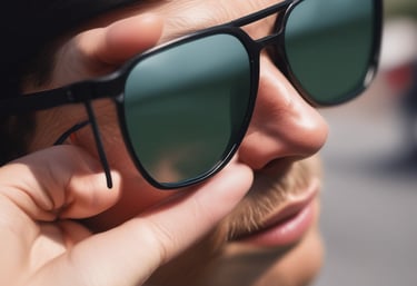 Close-up of hands carefully replacing lenses in an eyeglass frame in a clean lab.