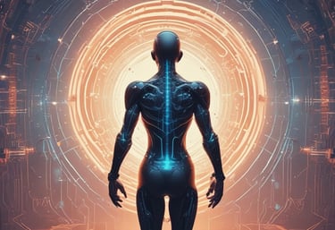 Futuristic digital interface with glowing blue circuits and data streams.