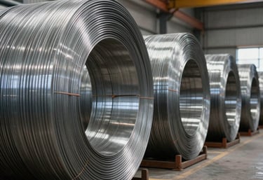 A row of industrial storage racks in a Brazilian distribution center, holding large coils of stainless steel, professional lighting emphasizing the metallic luster.