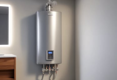 A wall-mounted modern silver tankless water heater installed in a bathroom for efficient home heating.