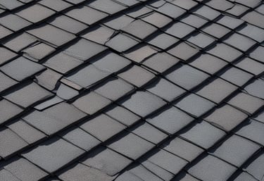 Close-up of damaged charcoal gray asphalt roof shingles needing professional repair or replacement.