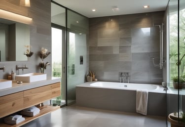 Modern luxury master bathroom with a large soaking tub, wooden floating vanity, and gray stone tile.