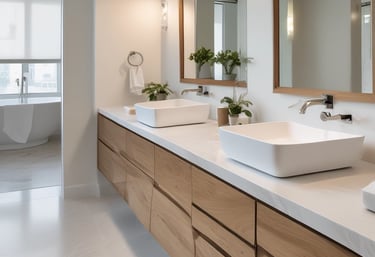 Modern bathroom interior featuring a floating oak double vanity with white vessel sinks and marble countertops.