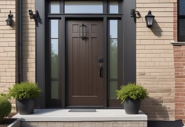 Modern dark brown front door with sidelights and transoms on a tan stone home with outdoor lighting.