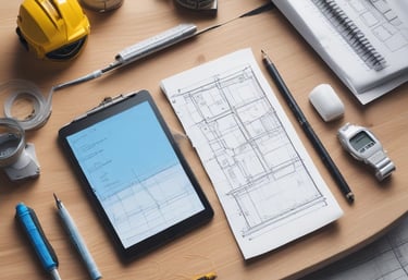 Construction blueprints, digital tablet, and hard hat on a wooden desk for architectural planning.