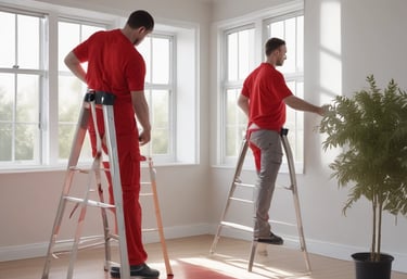 Professional painters in red uniforms standing on ladders to paint a room with bright windows.