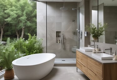 Modern luxury bathroom featuring a freestanding soaking tub, wood vanity, and walk-in shower with garden views.