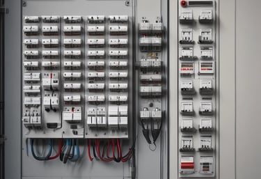 Industrial electrical distribution board with rows of circuit breakers and wired switchgear.