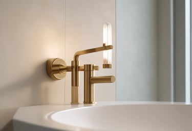 Modern brushed gold bathroom faucet with a unique glass light feature on a white designer sink.