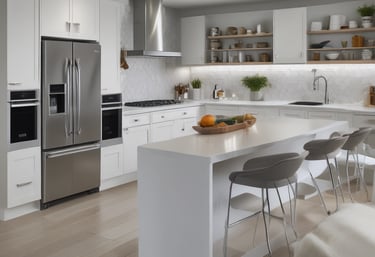 Modern white kitchen with island seating, stainless steel appliances, and a marble tile backsplash.