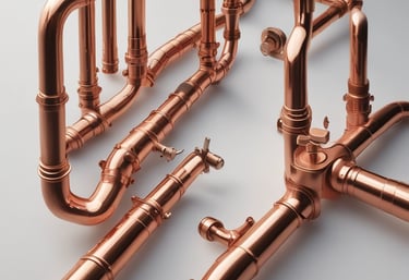 Polished copper plumbing pipes and fittings arranged in a complex industrial system against a white background.